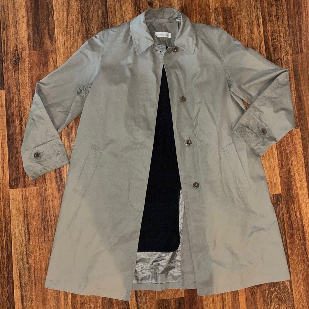 Isaac Mizrahi Mens Trench Coat Gray Green Cotton Button Front Wool Liner Size M